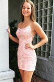 Anneprom Tie Back Appliqued Sheath Pink Short Prom Dress Homecoming Dress APH0005