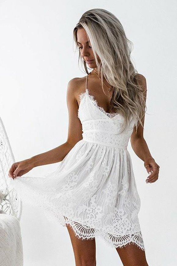 Anneprom A-Line Spaghetti Straps Criss-Cross Straps White Lace Homecoming Dress APH0032