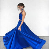 Anneprom Two Piece Deep V-Neck Royal Blue Satin Prom Dress Evening Dress APP0237