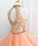 Anneprom Ball Gown High Neck Orange Long Tulle Prom Dress With Beading APP0262