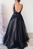 Anneprom Black V Neck Backless Tulle Prom/Evening Dresses With Applique APP0292