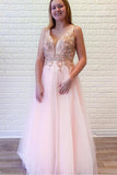 Anneprom A-Line Pink Tulle V-Neck Backless Beading Crystal Prom/Formal Dress APP0294