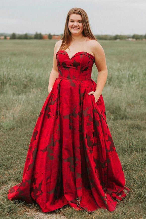 AnnepromNew Arrival Burgundy Sweetheart Floral Long Plus Size Prom Dresses with Pockets APP0353