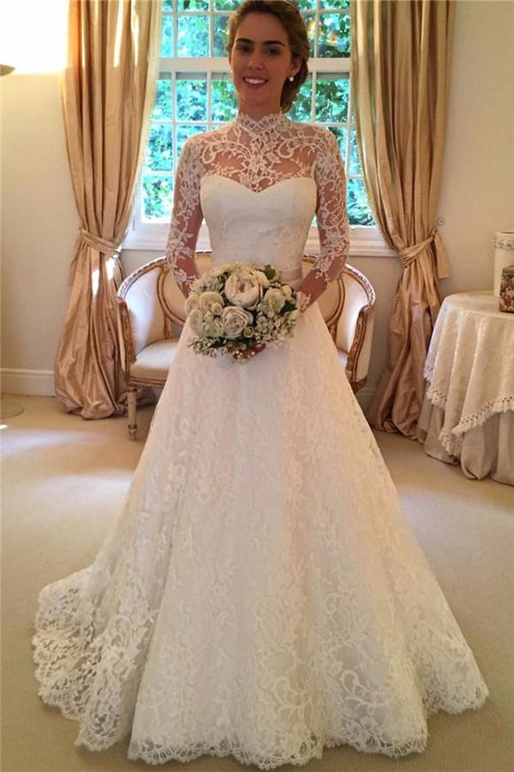 Anneprom Elegant Lace A-Line Long Sleeve High Neck Wedding Dresses APW0039