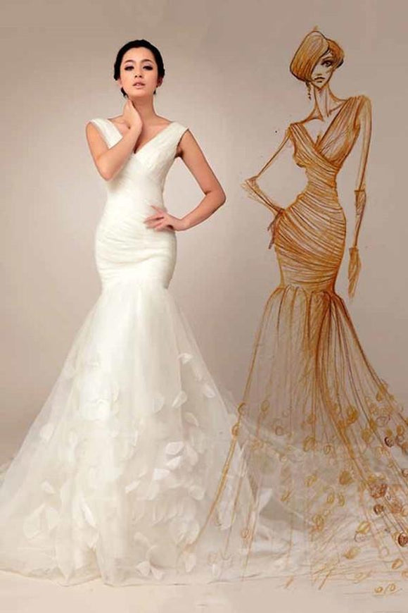 Anneprom Mermaid V-Neck Lace-Up Appliques Court Train Wedding Dress APW0049