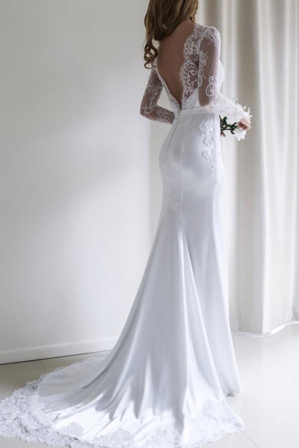 Anneprom Elegant Lace Long Sleeves Mermaid White Long Wedding Dress Wi