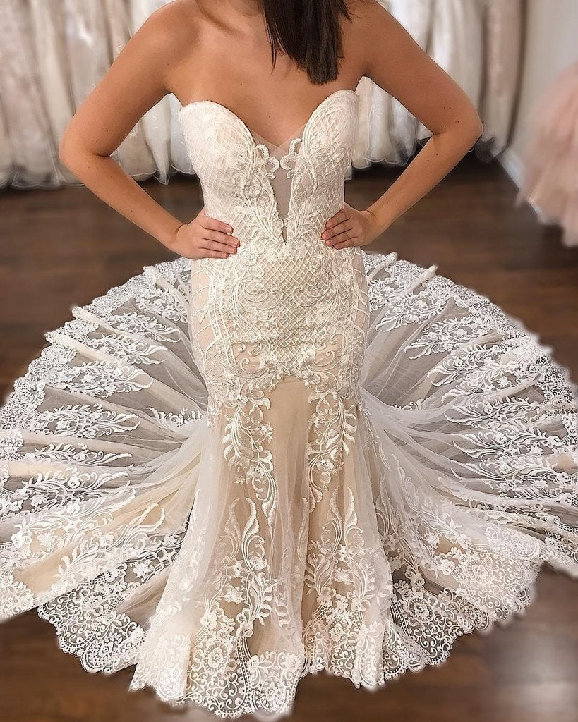 Graceful Lace Mermaid Wedding Dresses Sweetheart Neck Appliqued Trumpet  Bridal Gowns Sweep Train Tulle Plus Size Vestido De Novia