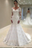 Anneprom Elegant Lace V Neck Neckline Mermaid Long Sleeve Wedding Dresses with Appliques APW0301