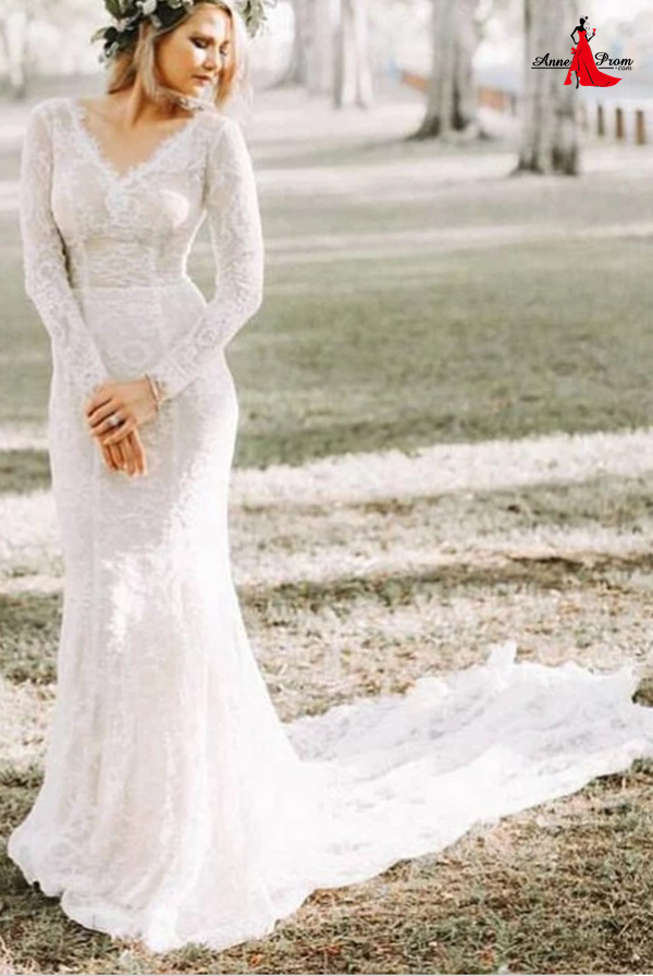 Rustic long 2025 sleeve wedding dress