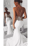 Anneprom Sexy Spaghetti Straps Mermaid Beach Wedding Dresses, Long Prom Dress with Lace APW0347