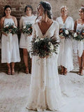 Anneprom A-line V neck Long Sleeve Wedding Dress Rustic Boho Wedding Dress APW0363