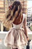 Anneprom A Line High Neck Long Sleeve Pleats Open Back Satin Short Homecoming Dresses With Lace APH0132