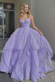 Anneprom Shiny V Neck Fluffy Lavender Long Prom Dress, Spaghetti Straps Long Formal Evening Dress APP0494
