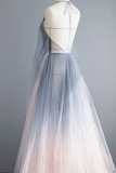 Anneprom Simple Deep V Neck Ombre Tulle Halter Sleeveless Prom Dresses Backless Formal Dresses APP0501
