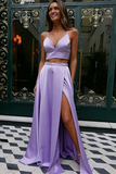 Anneprom Fashion Satin Straps A Line Prom Dresses Two Pieces Gowns With Slit APP0505