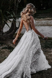 Anneprom Deep V Neck A Line Lace Wedding Dresses With Slit, Spaghetti Straps Long Bridal Gowns APW0380