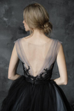 Anneprom Chic A line Scoop Black Applique Tulle Evening Dress Wedding Dress APW0382