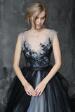 Anneprom Chic A line Scoop Black Applique Tulle Evening Dress Wedding Dress APW0382
