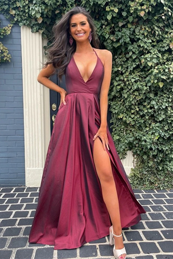 backless burgundy prom dress Backless Spaghetti Straps Sexy Burgundy V-neck Mermaid Evening Inexpen –  Wish Gown