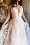 Anneprom A Line Spaghetti Straps Applique Wedding Dress Backless Tulle Bridal Dress APW0391