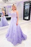 Anneprom A line Spaghetti Straps Lace Tulle Purple Long Prom Dress Applique Evening Dress APP0569