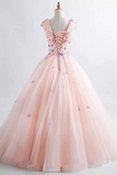 Anneprom Pink Princess Blush Ball Gown 3D Floral Applique V Neck Boho Prom Quinceanera Dress APP0570