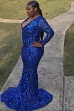 Anneprom Trendy Royal Blue V neck Long Sleeve Mermaid Plus Size Sequined Prom Dress APP0580