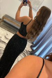 Anneprom Two Piece Black Sequin Mermaid Tassle Long Prom Gown Evening Dress APP0609