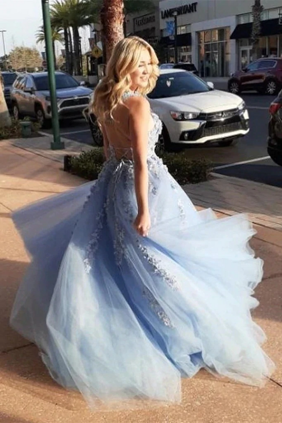 Anneprom Sky Blue A Line Elegant Backless Floral Lace Long Prom Dress APP0631