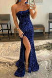 Anneprom Burgundy Strapless Mermaid Sequined Long Prom Dress with Slit, Formal Evening Gown APP0633