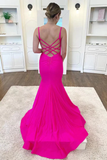 Anneprom Hot Pink Satin V Neck Backless Mermaid Prom Dress,Formal Evening Gown APP0639