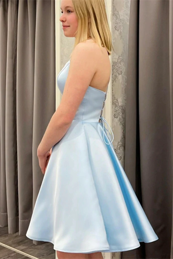 Anneprom Short Backless Sky Blue Satin Prom Dresses, Light Blue Open B