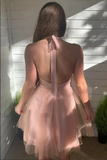 Anneprom Pink A line Tulle Halter Backless Homecoming Dresses, Short Prom Dresses APH0203