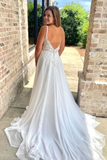 Anneprom V Neck Open Back White Lace Long Prom Wedding Dresses with Train APP0683
