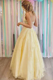 Yellow A Line Lace Appliques Spaghetti Straps Prom Dresses, Evening Gown APP0698