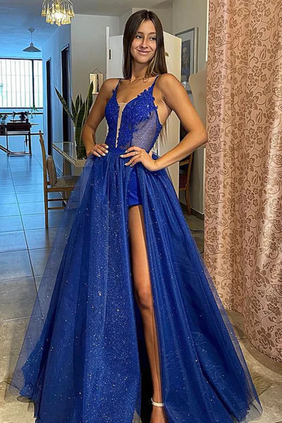 A Line V Neck Royal Blue Lace Prom Dresses, Formal Evening Dresses APP0706