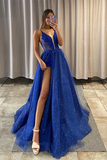 A Line V Neck Royal Blue Lace Prom Dresses, Formal Evening Dresses APP0706