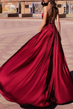 A Line V Neck Backless Burgundy Satin Long Prom Dress with Double Slit, Formal Graduation Evening Dress APP0708