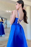 Backless Royal Blue Satin Long Prom Dress with High Slit, Blue Formal Dress APP0710