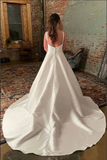 Simple Ivory Satin Spaghetti Straps Court Train Wedding Dress With Pockets APW0420