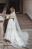 Tulle Lace A Line V Neck Long Sleeves Wedding Dresses, Wedding Gown APW0423