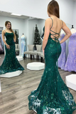 Backless Mermaid Green Lace Long Prom Dress, Mermaid Green Formal Dress, Green Lace Evening Dress APP0747