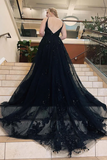 V Neck Open Back Black Lace Long Prom Dress, Black Lace Formal Dress, Black Evening Dress APP0748