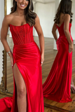 Strapless Mermaid Red Lace Long Prom Dress, Mermaid Red Formal Dress, Red Lace Evening Dress APP0760