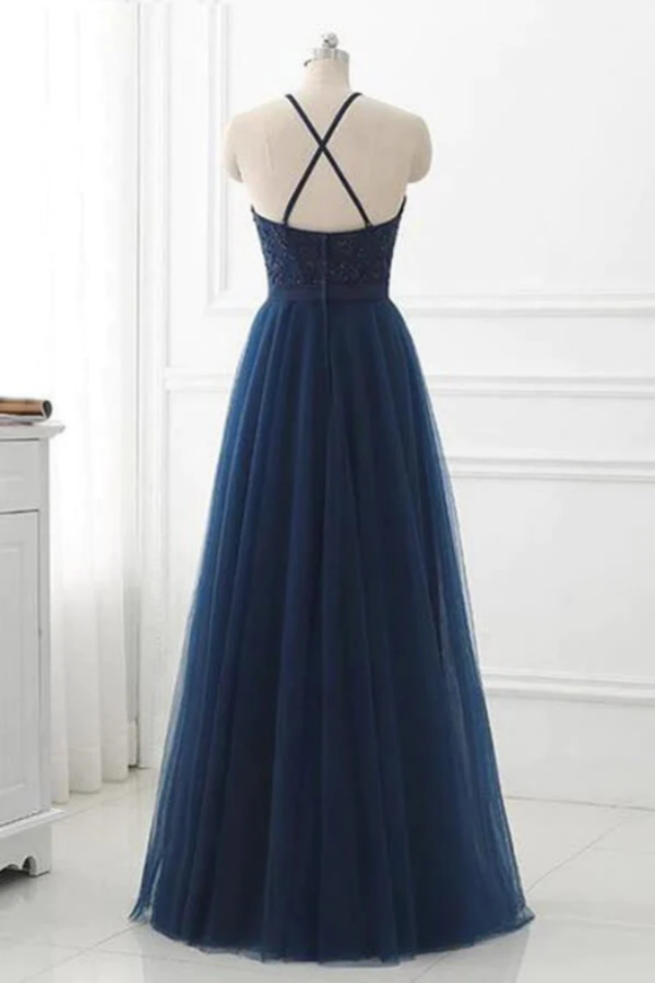2022 prom dresses a-line blue tulle applique halter long sleeveless Navy A Line Lace Appliques Dress, Party Dr – Anneprom Beach Casual Wedding Dresses subcategory2:Mini Dresses Hemline / Train Color:Dark Cherry Red