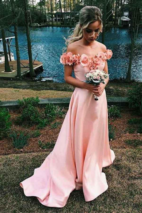 Anneprom Off-The-Shoulder Sweep Train Pink Satin Prom Dress With Flowers APP0227