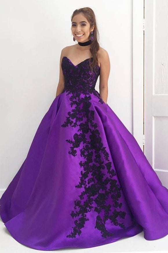 Anneprom Sweetheart Ball Gown Purple Long Prom Dress With Black Appliques APP0285