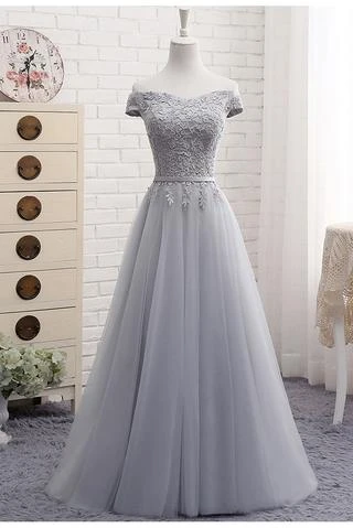 Anneprom A-Line Gray Off The Shoulder Tulle Lace-Up Sweetheart Prom Dress APP0244