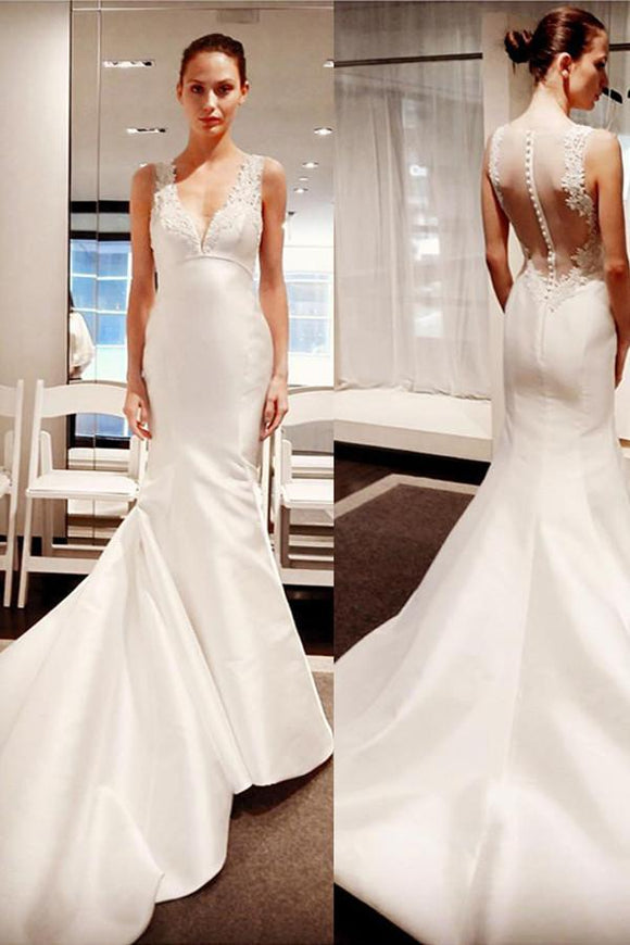 Anneprom Sleeveless Button Mermaid Gorgeous V-Neck Lace Wedding Dress APW0036