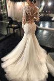 Anneprom Long Sleeves Court Train Ivory Wedding Dress With Lace Appliques APW0042